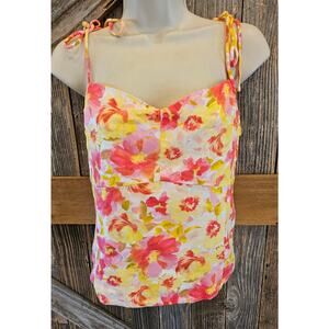 NEW NWT Bright floral linen blend tie strap tank top whimsical summer sz XL pink